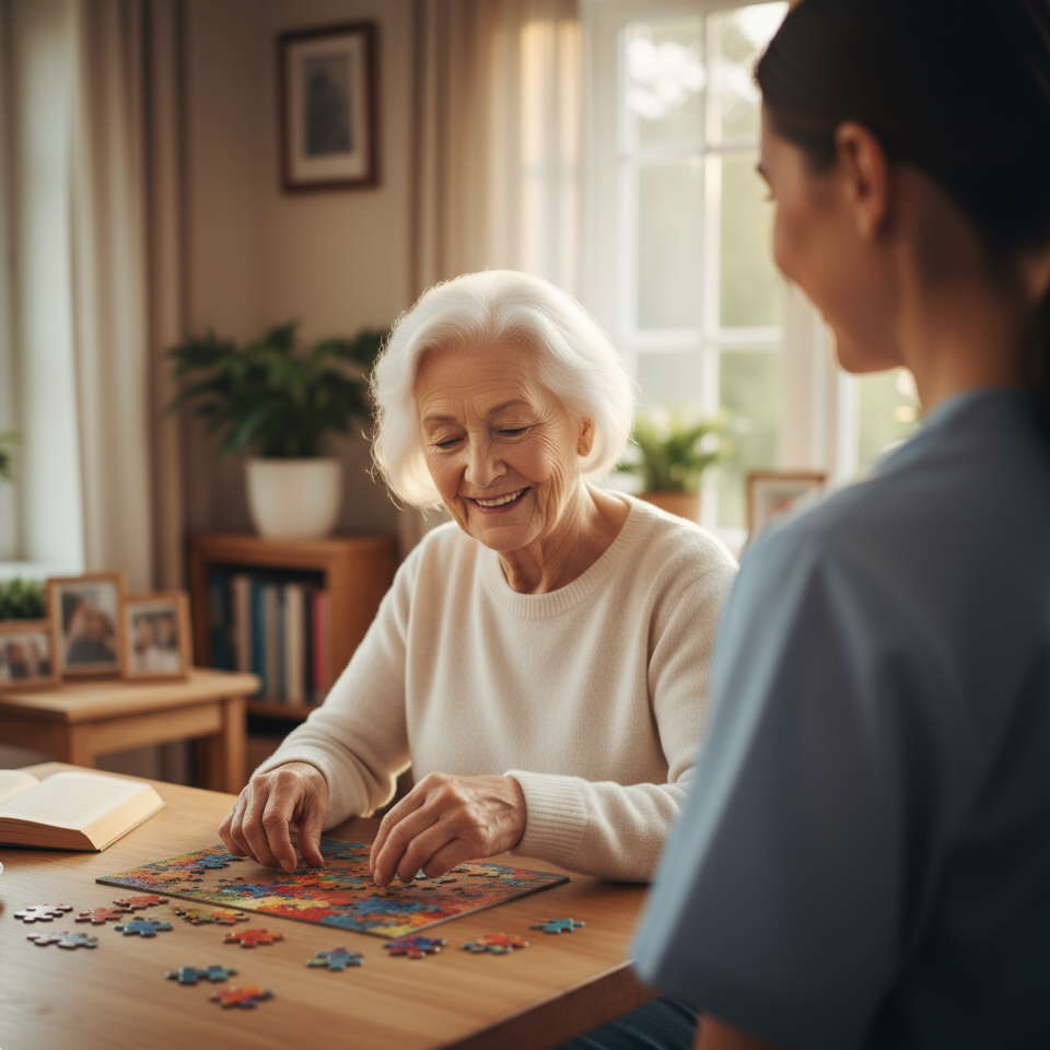 Ältere Dame lächelt glücklich mit einer freundlichen Pflegekraft im Garten